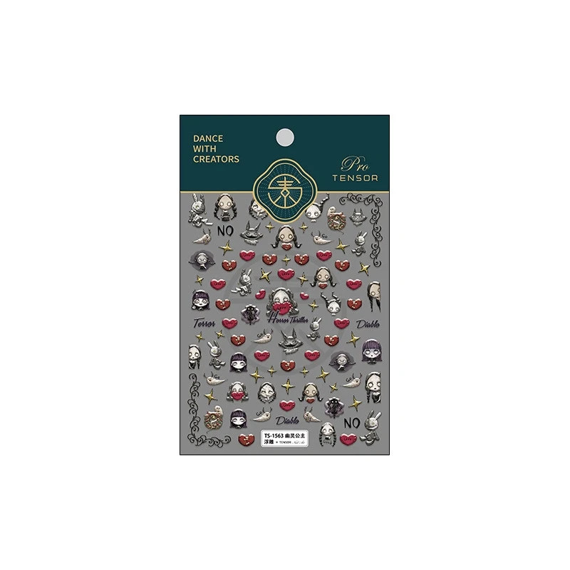 Gothic Halloween Nail Stickers – Horror Cartoon, Red Hearts & Gold Stars (363)