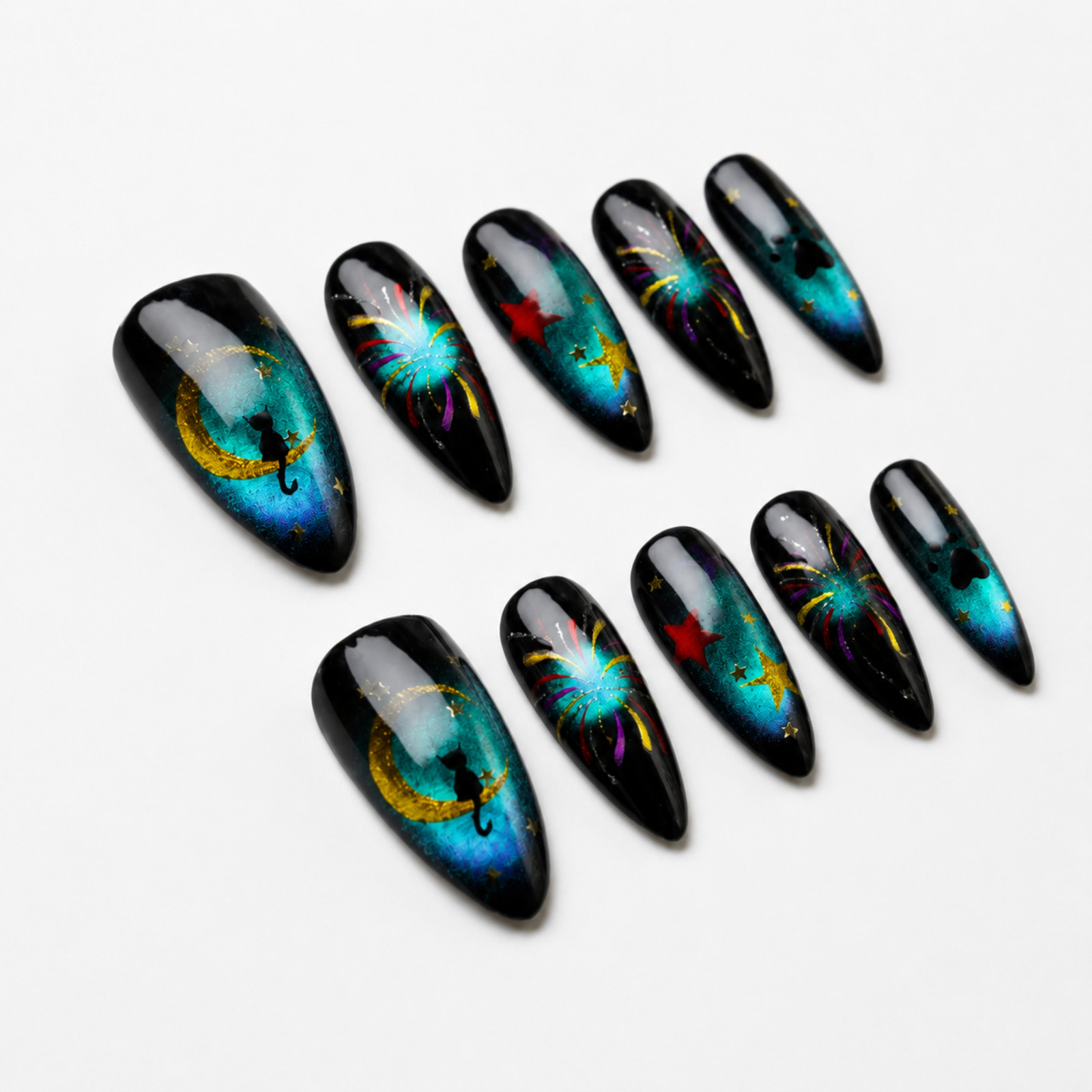 Handmade Galaxy Cat Moon Fireworks Black Teal Press-On Nails Set
