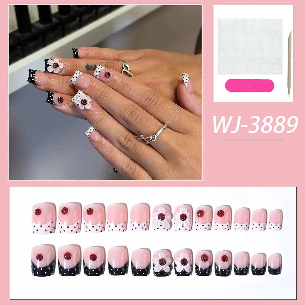 24Pcs Set French Tip Press On Nails Short Oval 3D Gel Flower Ladybug Polka Dot
