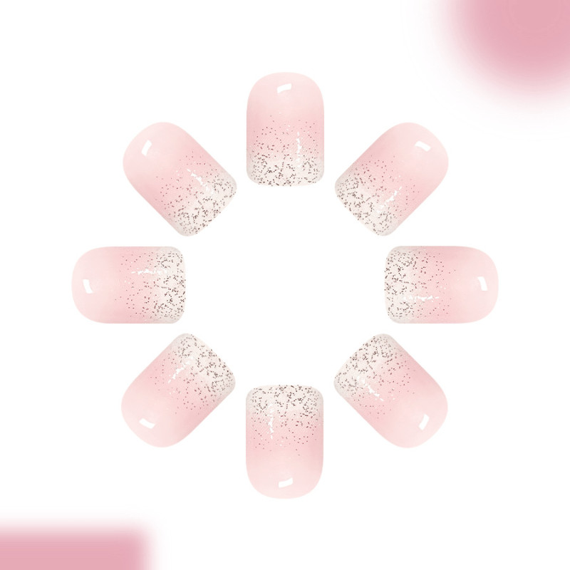 48Pcs Short Square Nails, Pink White Gradient Glitter, Nude Daily Manicure