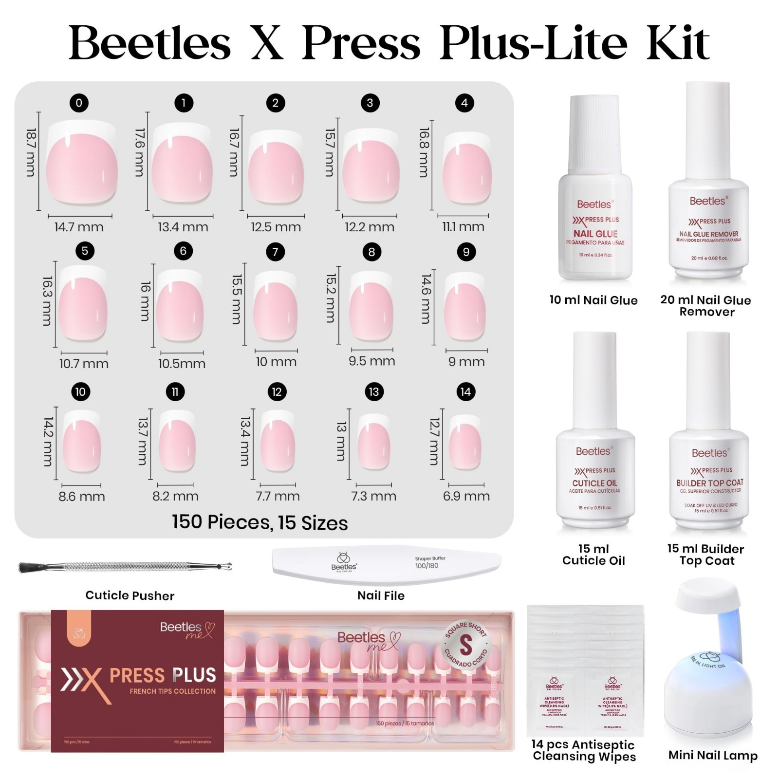 Short Square French Tip Press-On Nail Kit – 150 Pcs Pink, 15 Sizes, Glue & Lamp