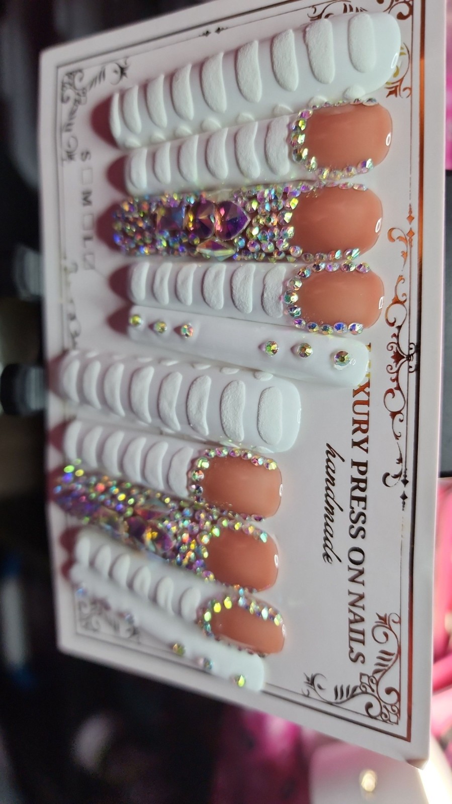 Large Size Super Long White Bling 10 Pc Handmade Press-on Nail Set