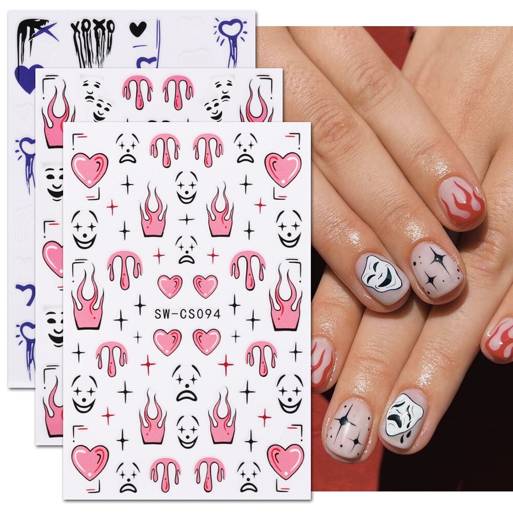 6Pcs Clown Nail Sticker 3D Halloween Candle Star Comic Heart Flame Graffiti NS52