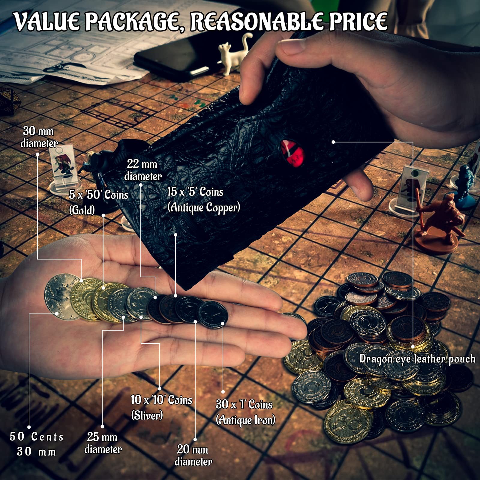 DND Metal Coins Set of 60 with Leather Pouch – Gaming Tokens, Pirate 30mm