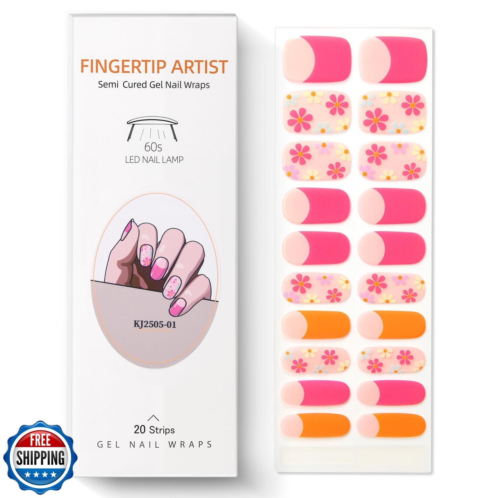 Semi Cured Gel Nail Strips French Tip Nail Stickers with Flower Designs Cute