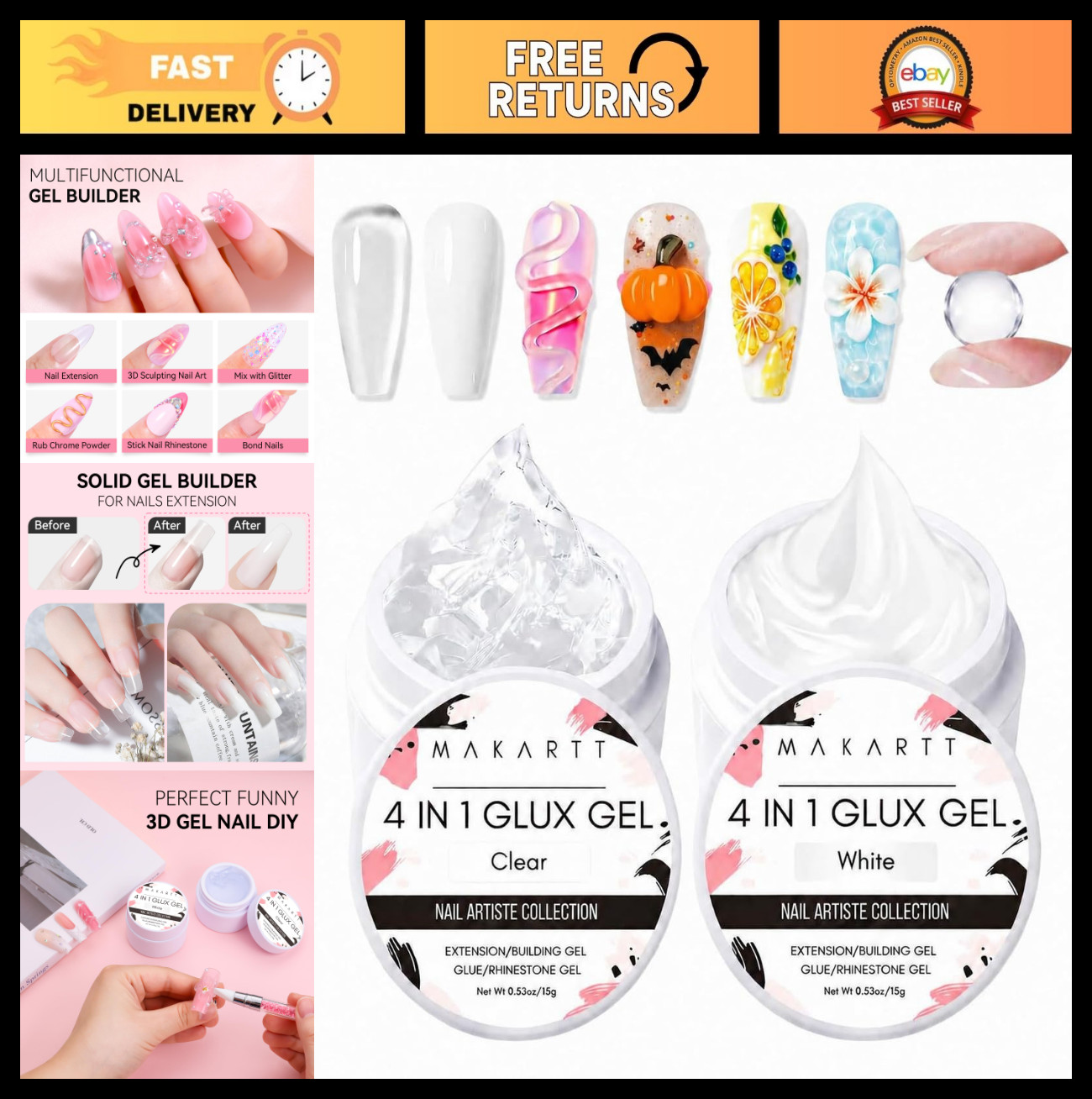 4-in-1 Clear & White 3D Gel Nail Art – Non-Sticky Sculpting & Extension Gel, DIY