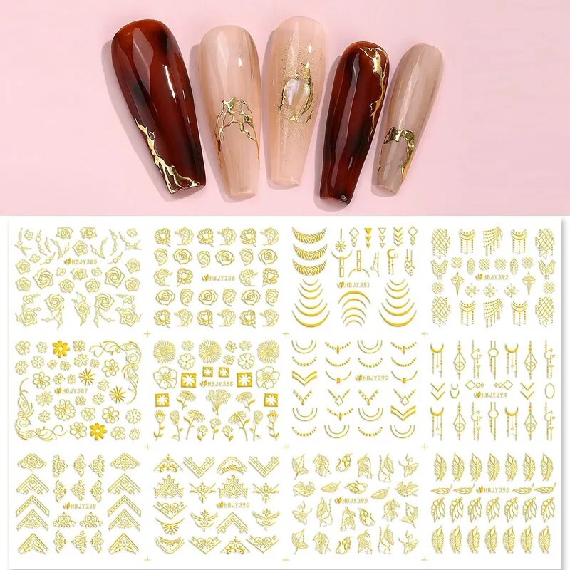 3D 12 Designs Golden Flower Leaf Lace Floral Geometry Line Nail Stickers