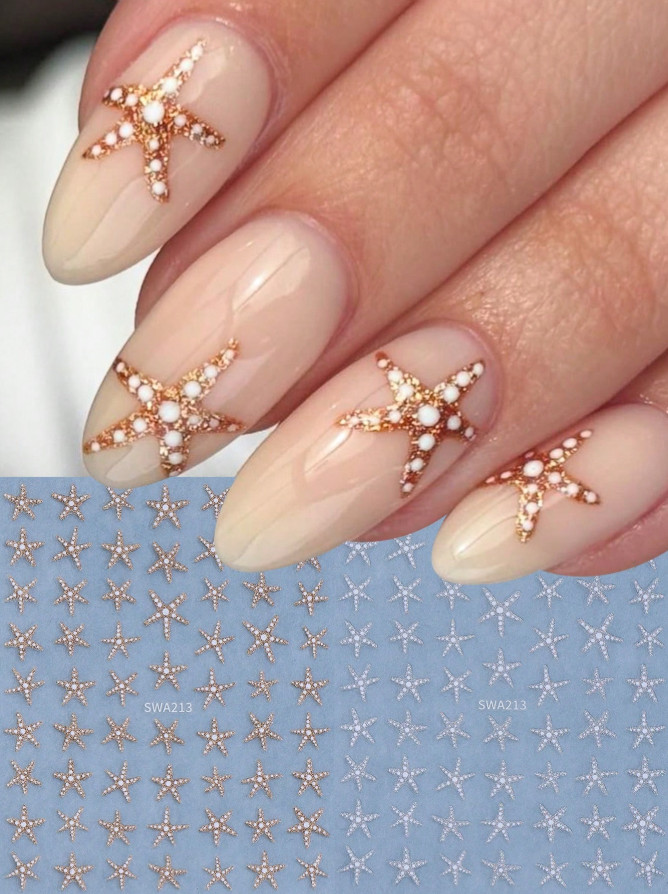 2pcs 3D Summer Ocean Style Glitter Star Nail Stickers Silver Gold Star Design S8