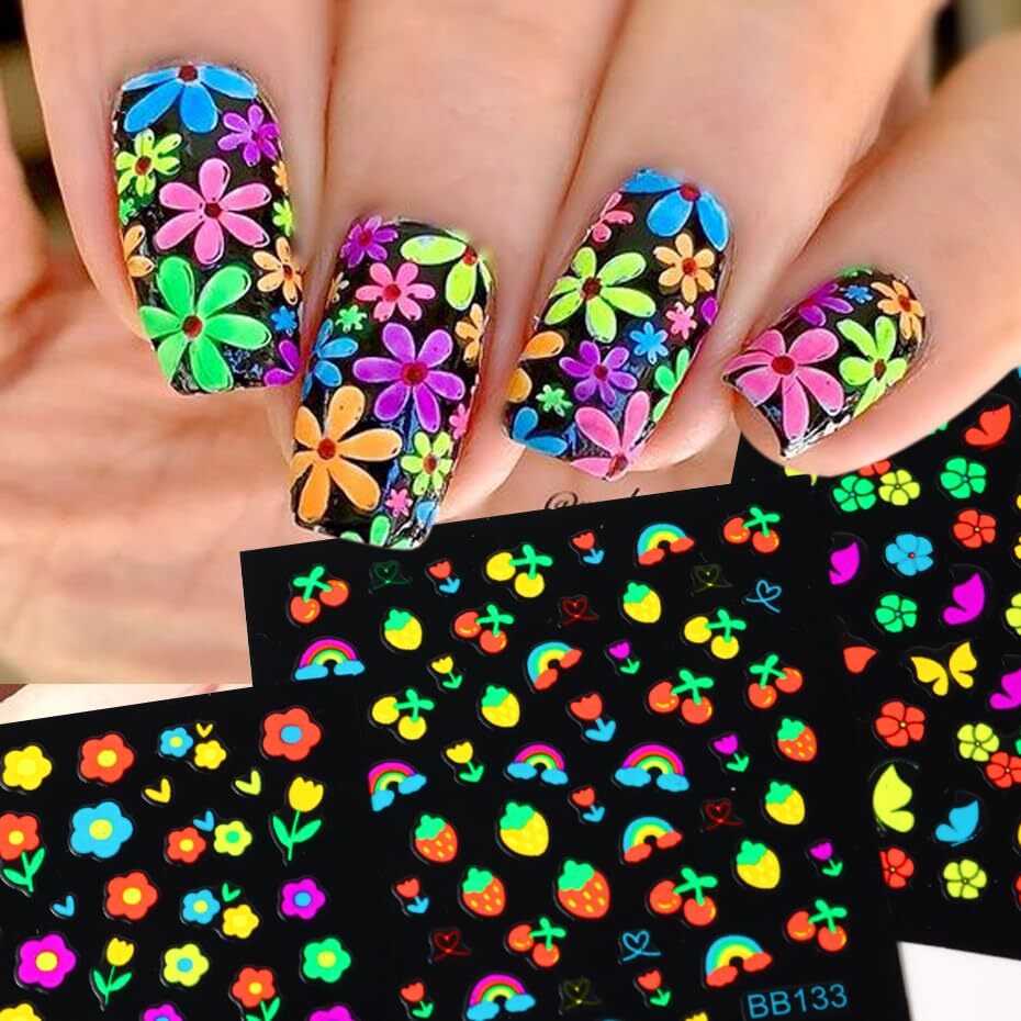 24Sheets Glow in Dark Flower Nail Art Sticker Decals 3D Fluorescence flower-7
