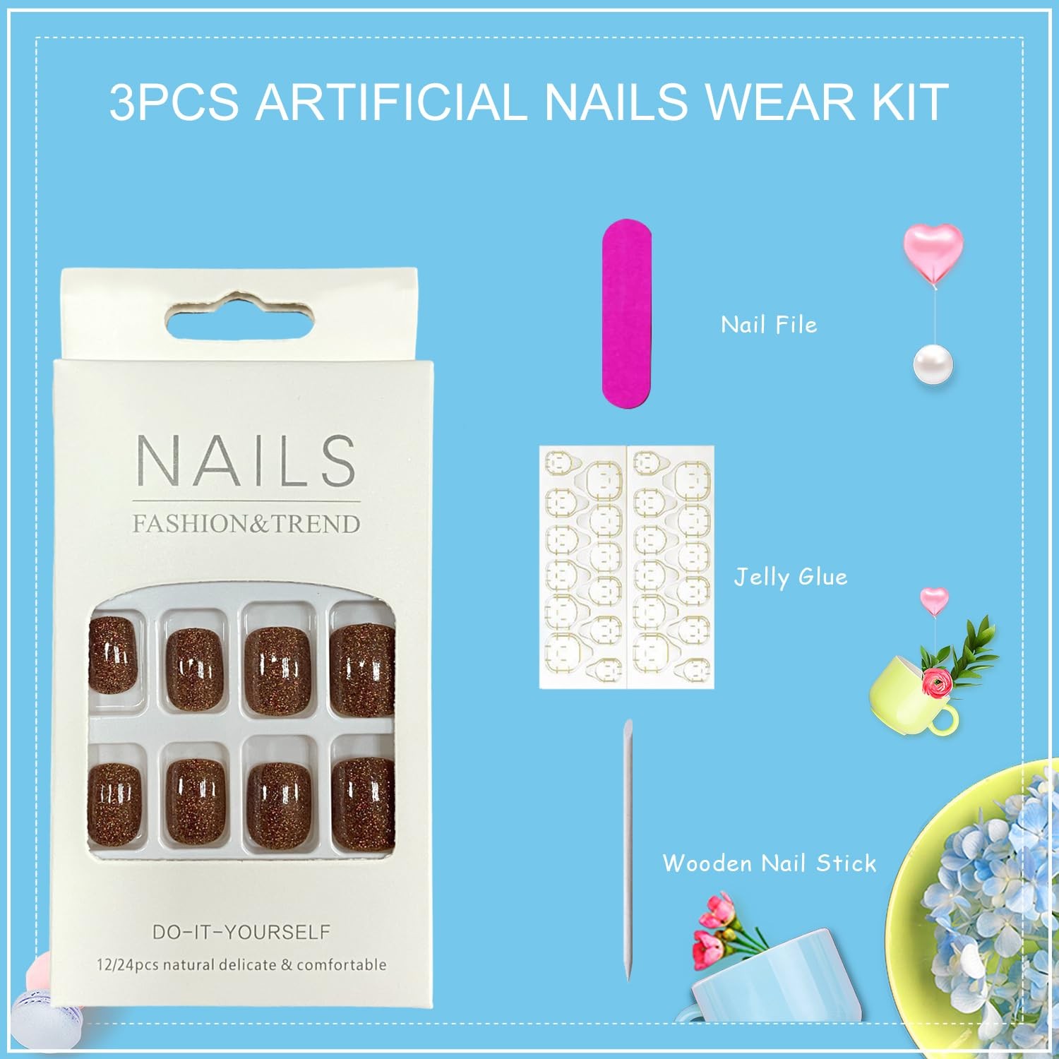 Tyuimhx Brown Press on Nails Square Short 0.04 Fl Oz (Pack of 24), Multicolor