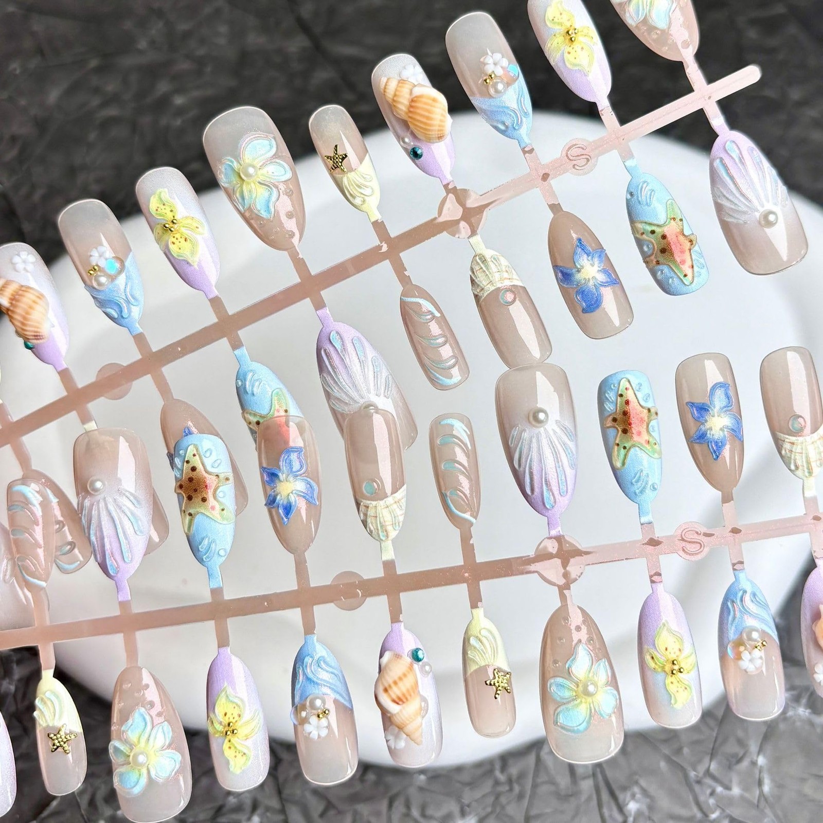 French Tip Press on Nails Long Almond Summer Fake Nails with 3D Hibiscus Flow…