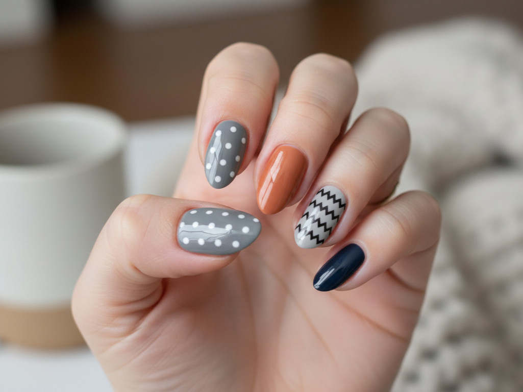 Geometric Nail Wraps Orange Grey Black Zig Zag Polka Dot Stickers US SELLER