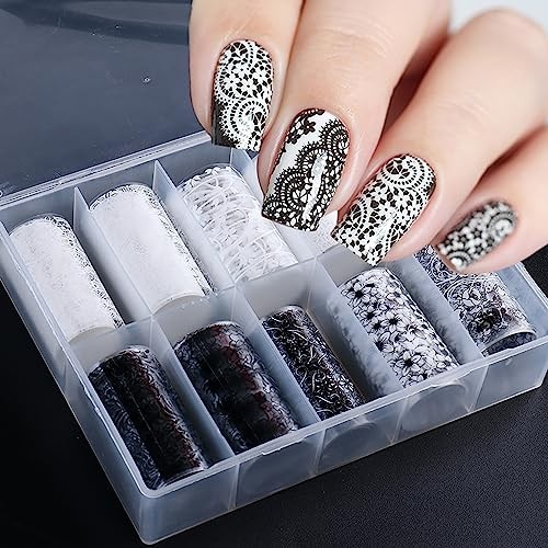 10 Rolls Lace Nail Art Foil Transfer Black White Flower Foil Transfers Decals