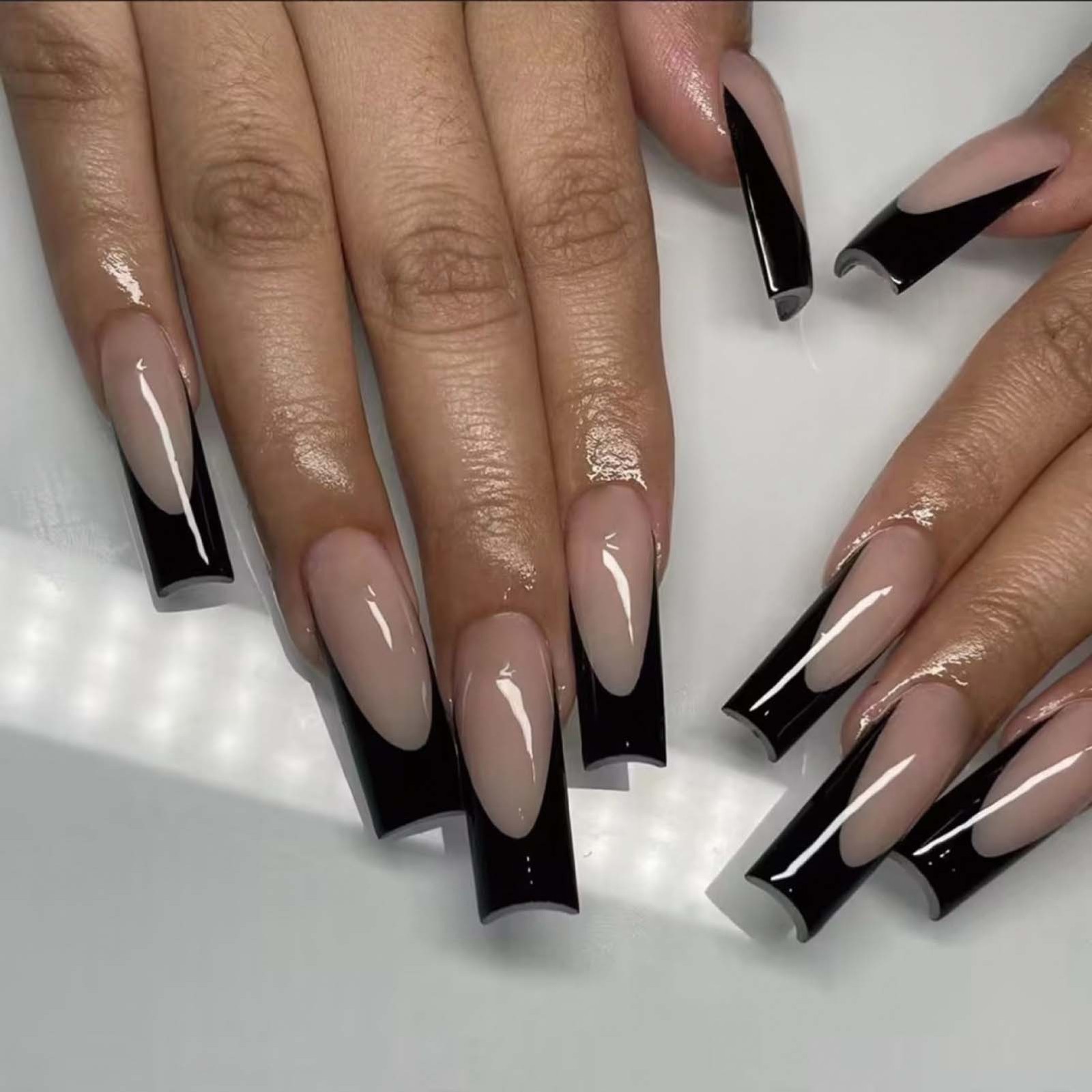 Black Edge French Tips,Square Long Press On Nail,Nude Fake Nail,Daily False Nail