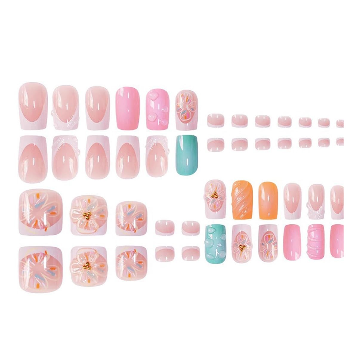 yefiuo Pink Press on Nails & Toenails Medium, & Orange & Blue