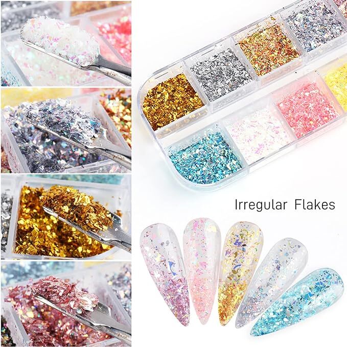 12 Grids Glitter Nail Art Colourful Scattered 3D Decoration Bling Studs Craft UK