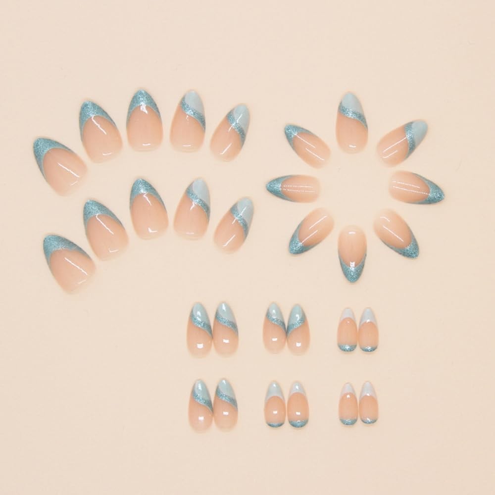 Light Blue French Tip Press on Nails Medium Almond – QUNQINLI Fake Design AB2