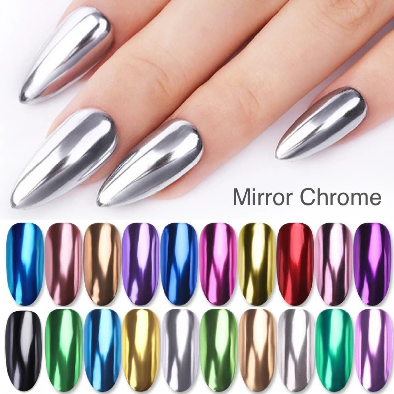 MIRROR EFFECT – CHROME NAIL POWDER 2g Full Jar 27 Colors UNICORN ROSE GOLD BLUE