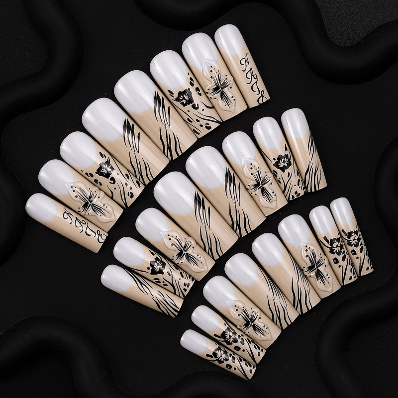 48Pcs Long French Tip Black Floral Leopard Press on Nails Glossy Fake Nails