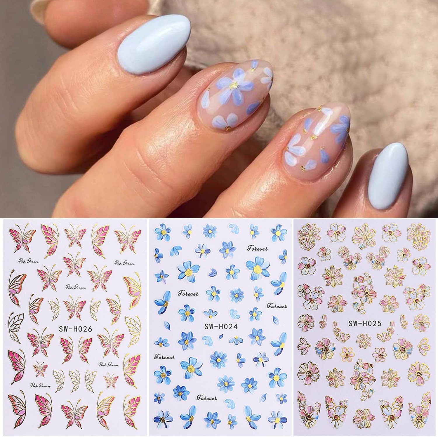 Spring Nail Art Stickers,Summer Flower Butterfly Nail Sticker Golden Edge Flo…