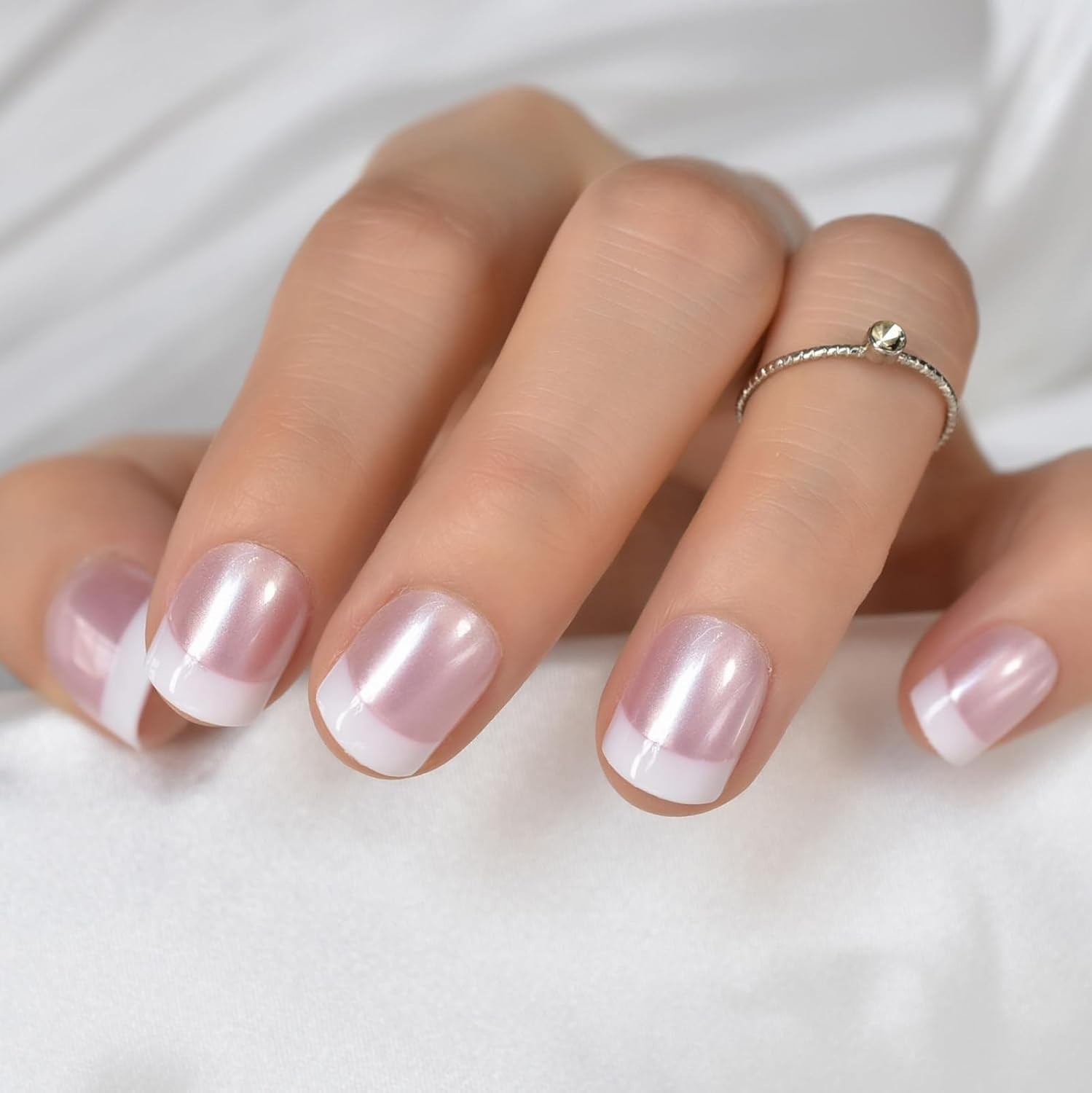 2 Sets Short Square Press On Nails – Pearl Pink French – Glossy Purple – NEW
