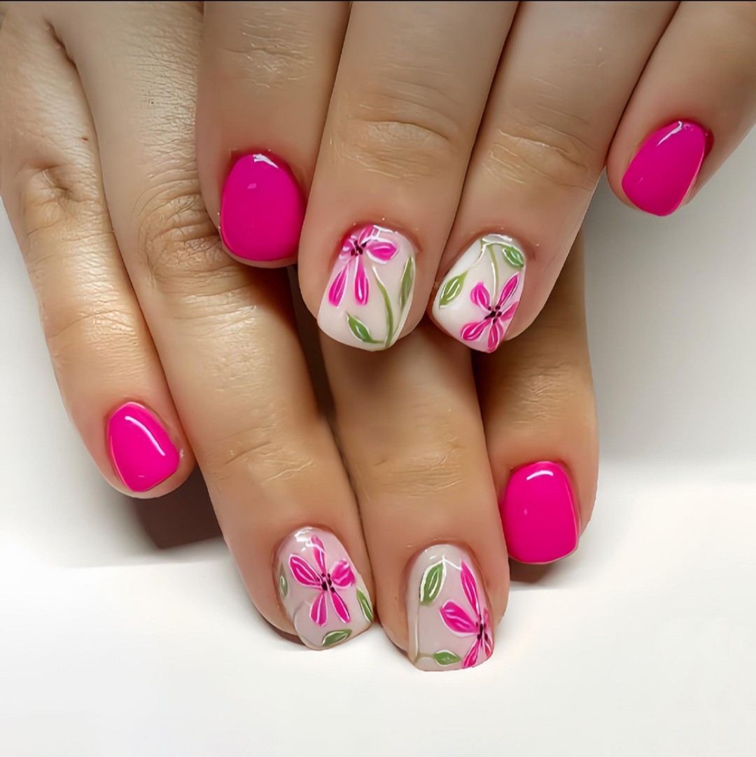 “Short Square Press On Nails Pink Floral Set Fake Nails Summer Full Cover