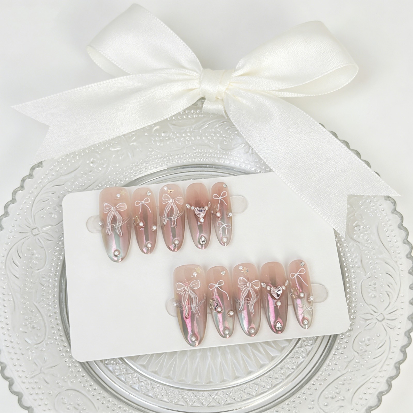 Pink Aurora Bow Press On Nails Almond Pearl Rhinestone Reusable Glue On Set