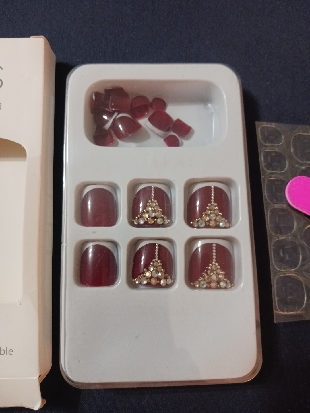 New Press On Toe Nails 24pc Set French Tips Dark Red And Rhinestones On Box