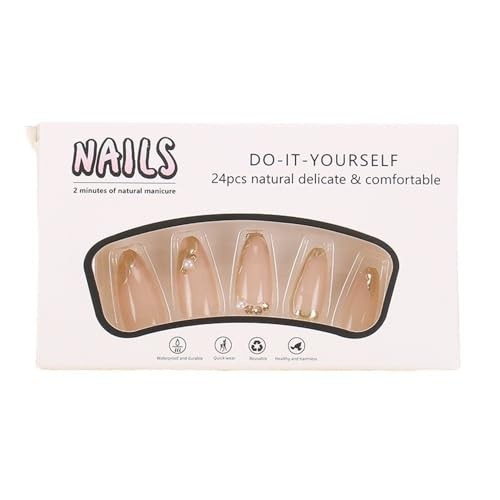 French Tip Press on Nails Medium Almond Fake Nails Gold Line Almond Style-18