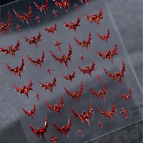 1 Sheets Red Bat Nail Decals for Nail Art 5D Halloween Nail Bat Stickers-3