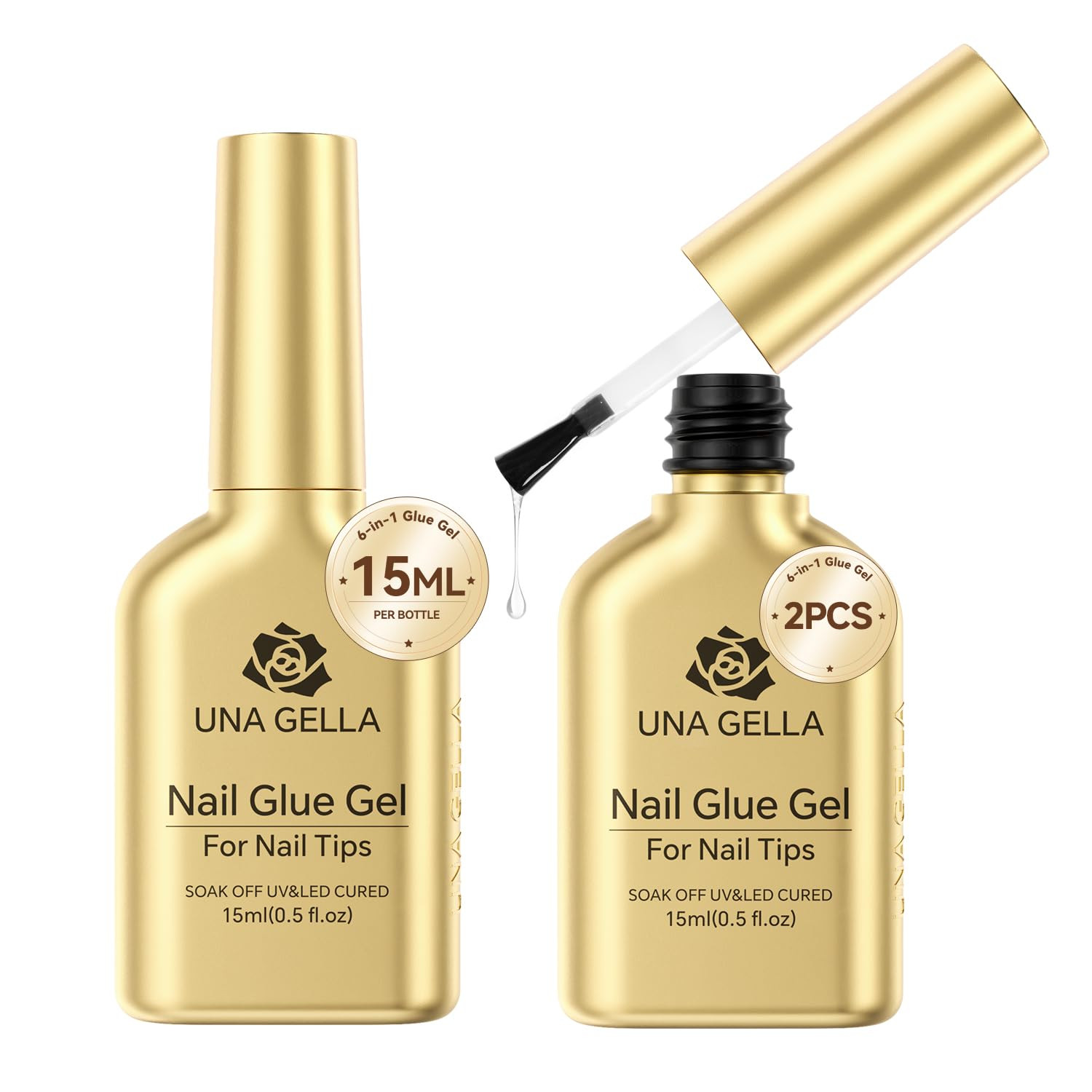 6 in 1 Gel Nail Glue for Clear Acrylic Nails Tips, 2Pcs 15Ml Super Strong Brush