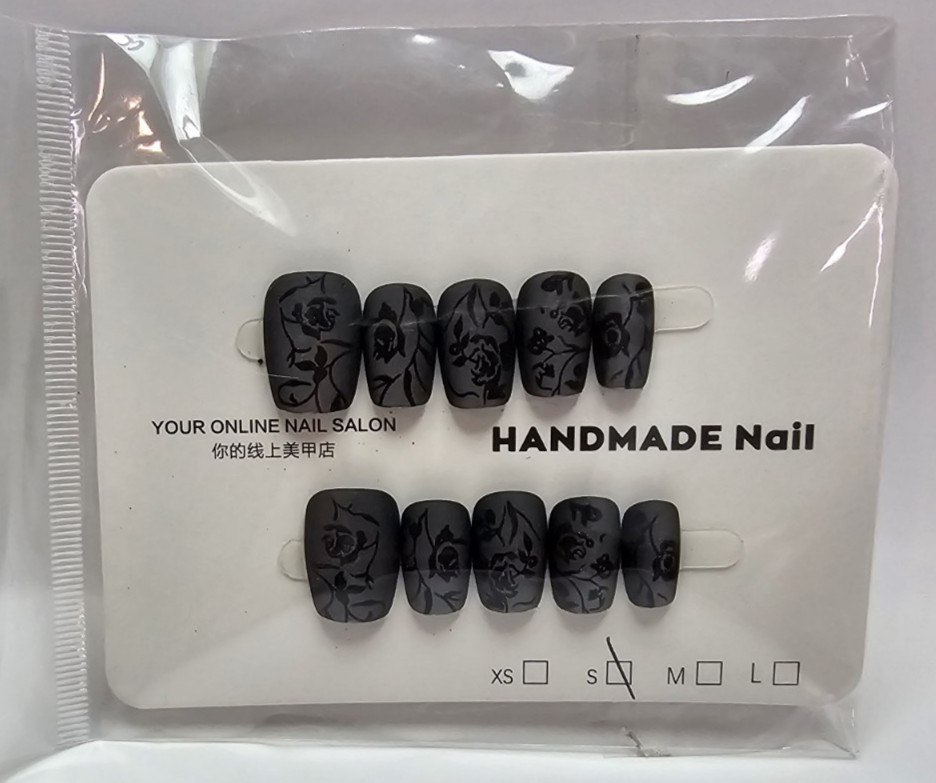 Handmade Press On Nails Black Grey Matte Floral Short Square