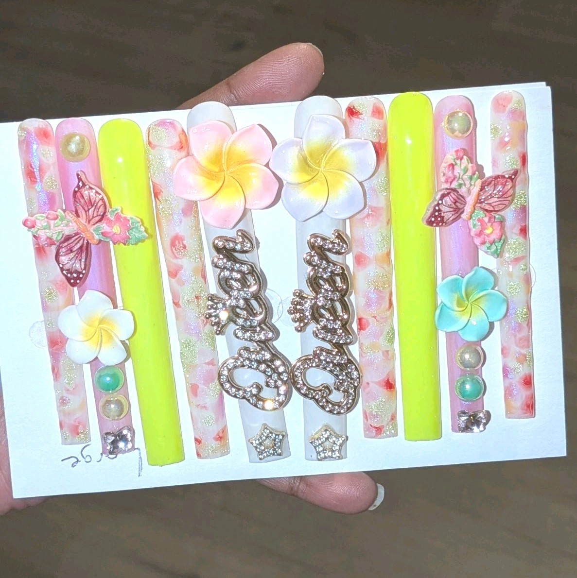 Handmade 6XL Tropical Floral Rhinestone Press-On Nail Set – Yellow, Pink, White