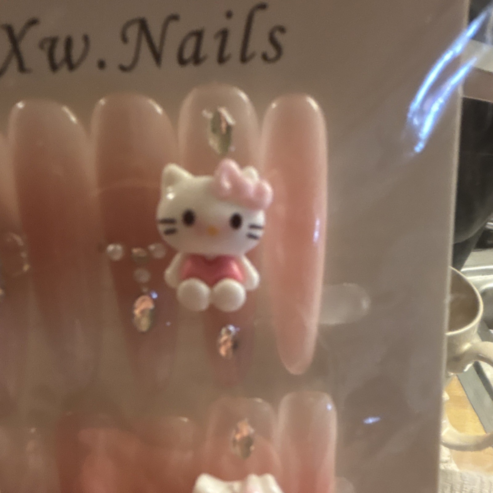 Xw.Nails Pink 3D Shiny Stiletto Cat Theme Press-On Nails Full Cover Set