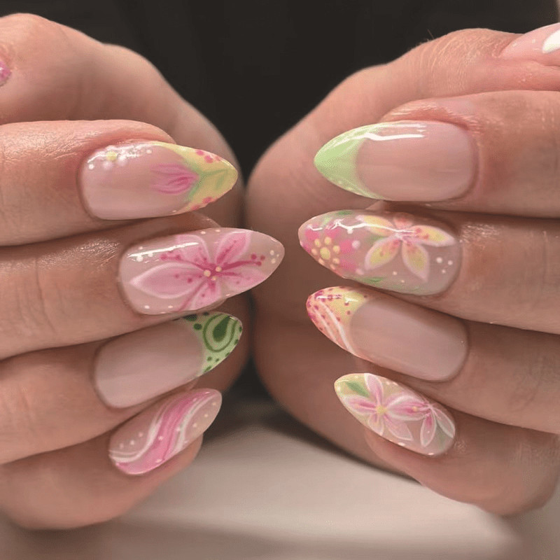 48pcs-Press on Nails Pink Green Nude Almond 3D Floral French Tip Spring Design