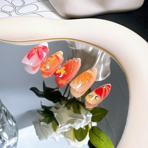 30Pcs Fall Press on Nails Medium Almond White French Tip Fall Flower Nails-14