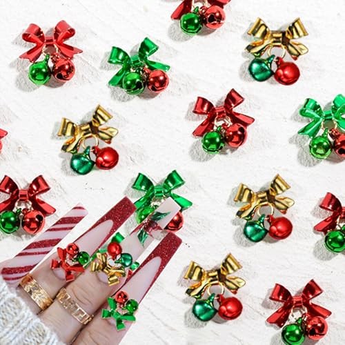 12Pcs Christmas Nail Art Charms Bow Bell Nail Rhinestones 3D Jingling Bell