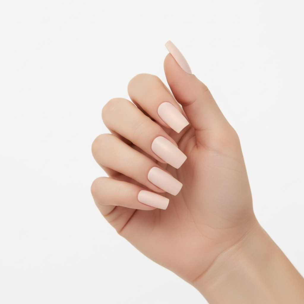 Natural Nude Beige Shimmery Matte Square Long Acrylic Press On False Nails Set
