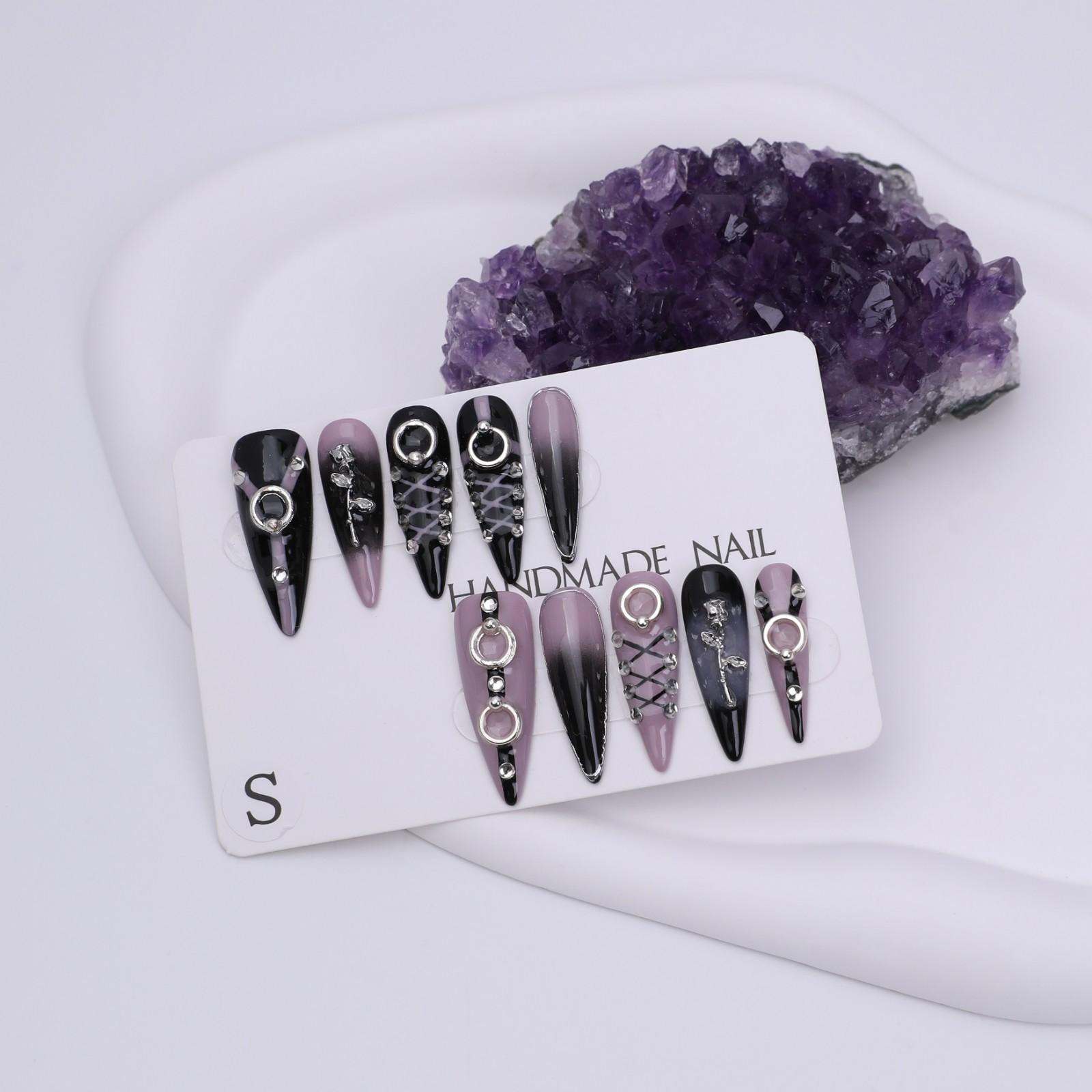 Black Purple Stiletto Press On Nails Long Gothic Rhinestone Reusable Set Glue On
