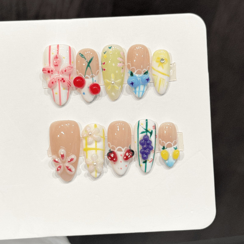 Fruit Print Handmade Press on Nails Strawberry Cherry Grape Sweet Fake Nails
