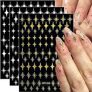 8 Sheet Shiny Gold Stars Nail Stickers Silver 3D Four-Pointed Star Nail