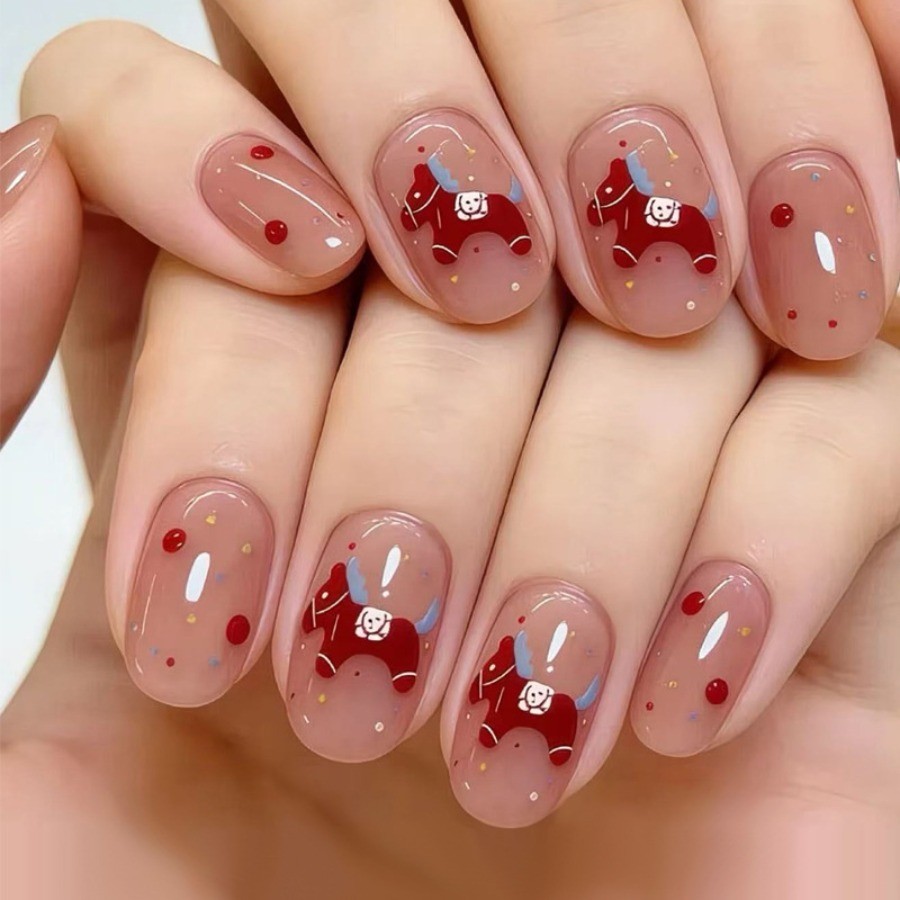 48pcs-Press on Nails Nude Red Cute Rocking Horse Print Glossy Round Nail Art Set