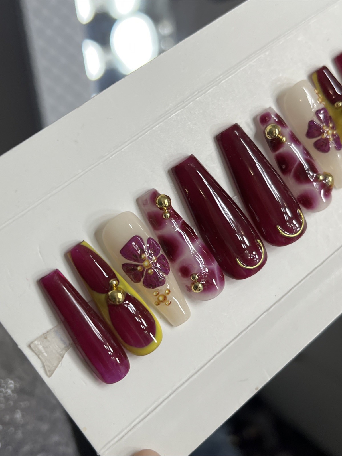 💜✨ Luxury Gel Press On Nails, PLUM FLOWER , LONG COFFIN 10p Set W/ FULL KIT