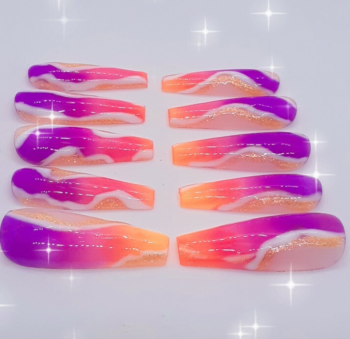 Pink Purple Orange Ombre White Gold Press on Nails Handmade Neon Tropical Nails