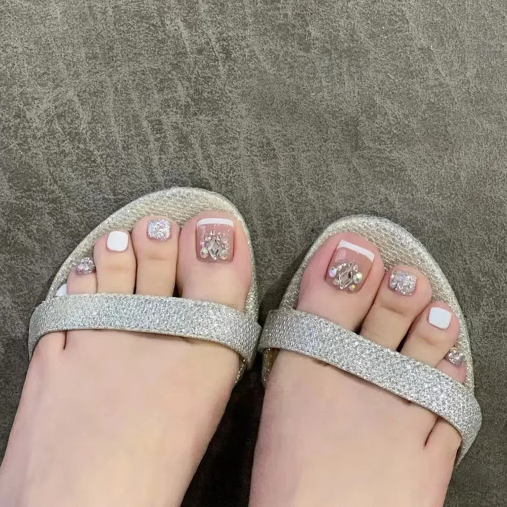 Nude Pink Crystal French Press On Toenails For Women