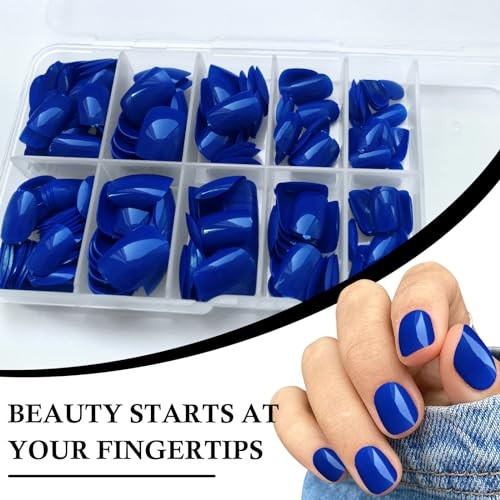 Short Press on Nails Square Round Short Fake Nails Glossy Full Royal Blue