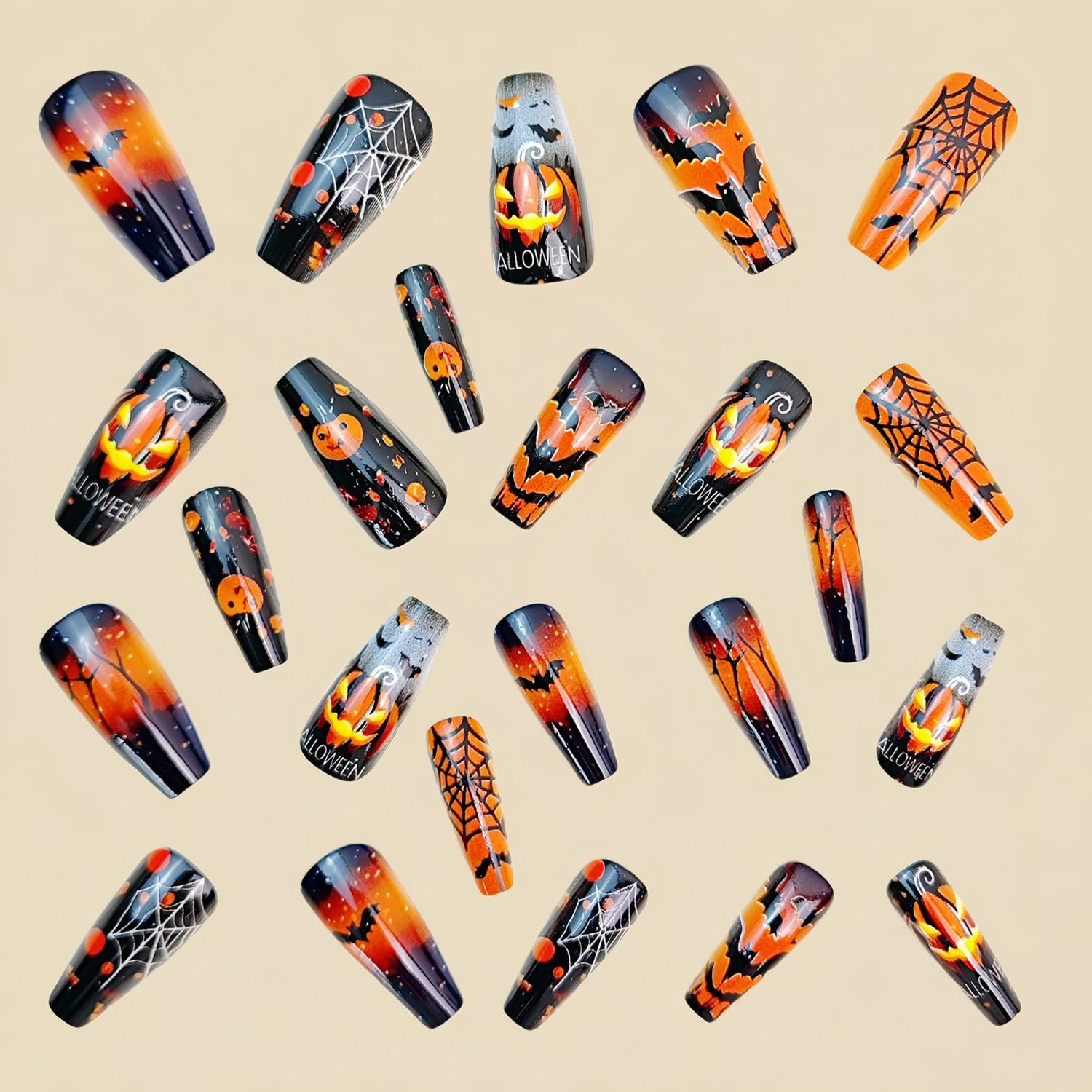 24Pcs Halloween Press on Nails Medium Square Fake Nails with Pumpkin Spider W…