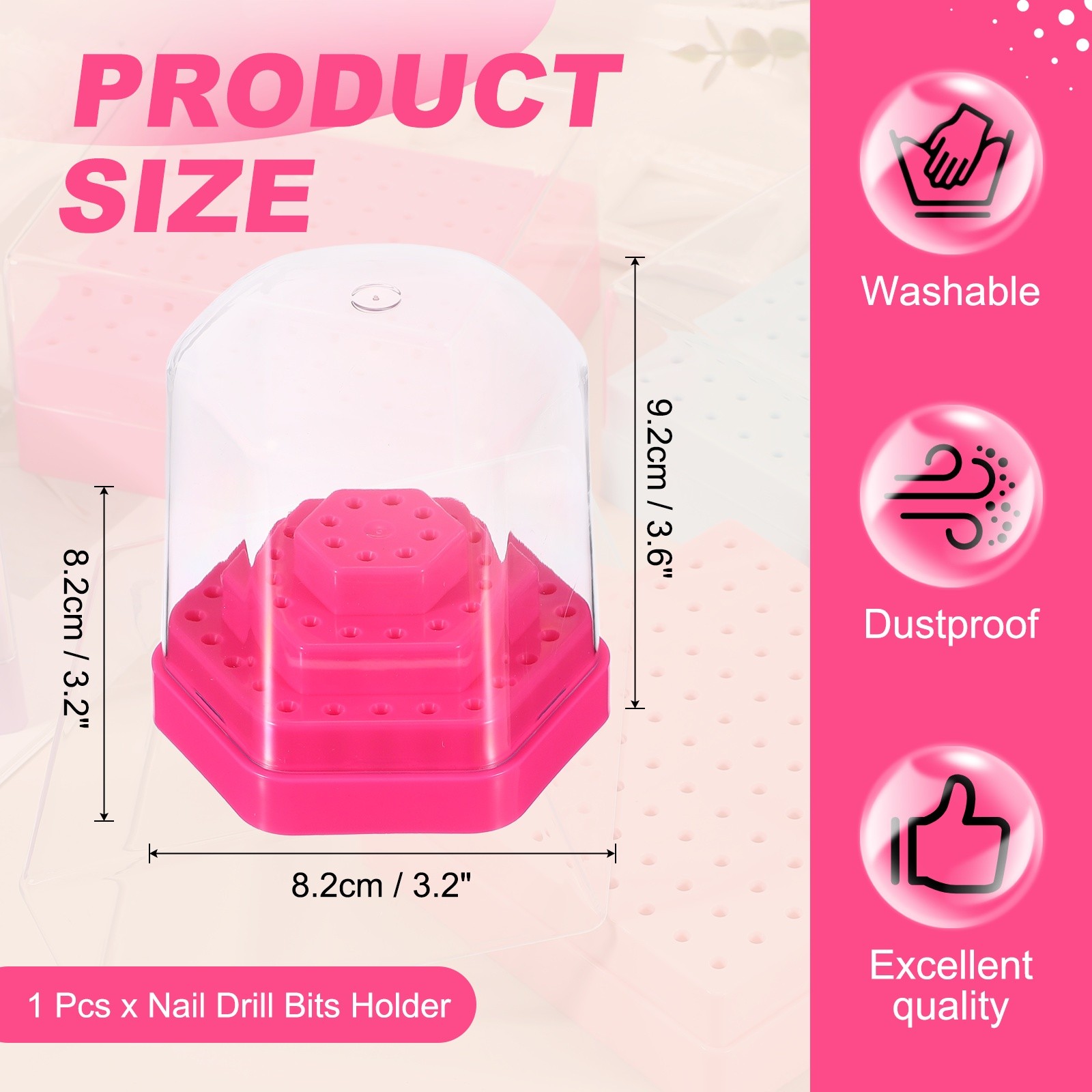 Nail Drill Bits Holder, 48 Holes Large Space Drills Bit Case, Rose Red
