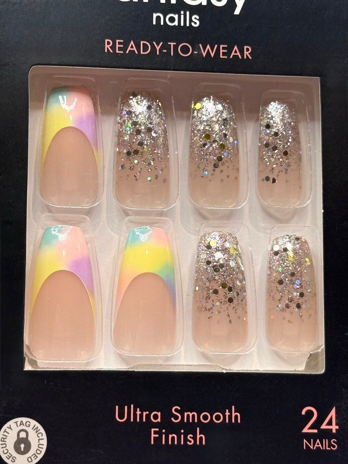 Kiss Fantasy Ready To Wear Press-On Nails Rainbow French Glitter Long Lot Of 2