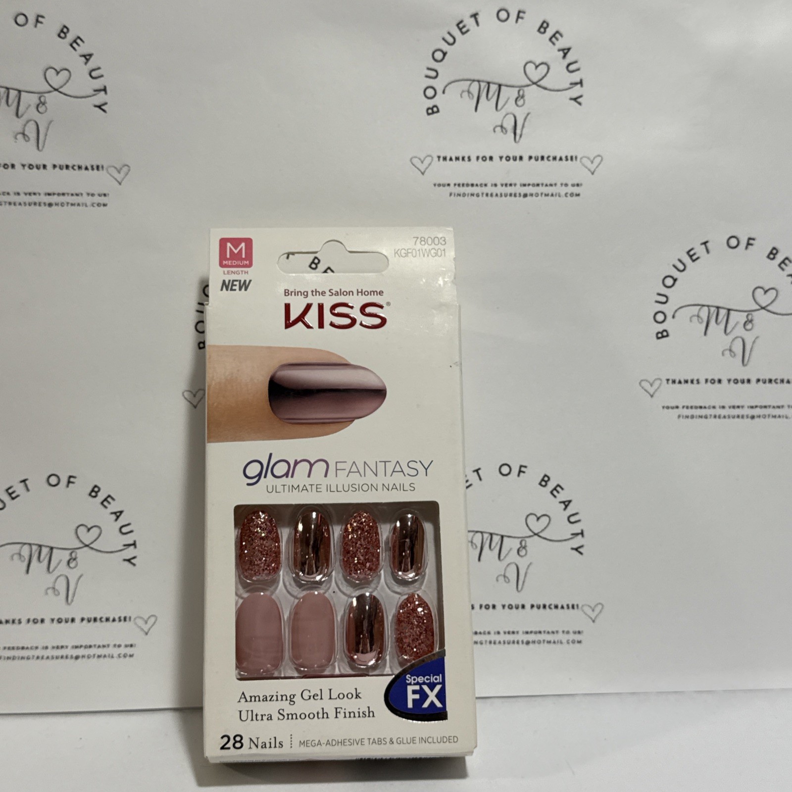 Kiss Glam Fantasy Pink with Chrome & glitter glue on Nails Medium